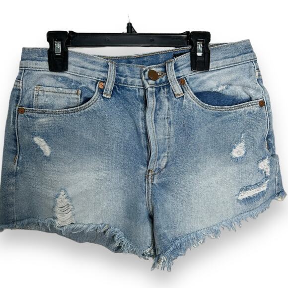 Blank NYC High Rise Jean Shorts Size 26 Blue Denim Button Fly Distressed Raw Hem - Picture 1 of 6